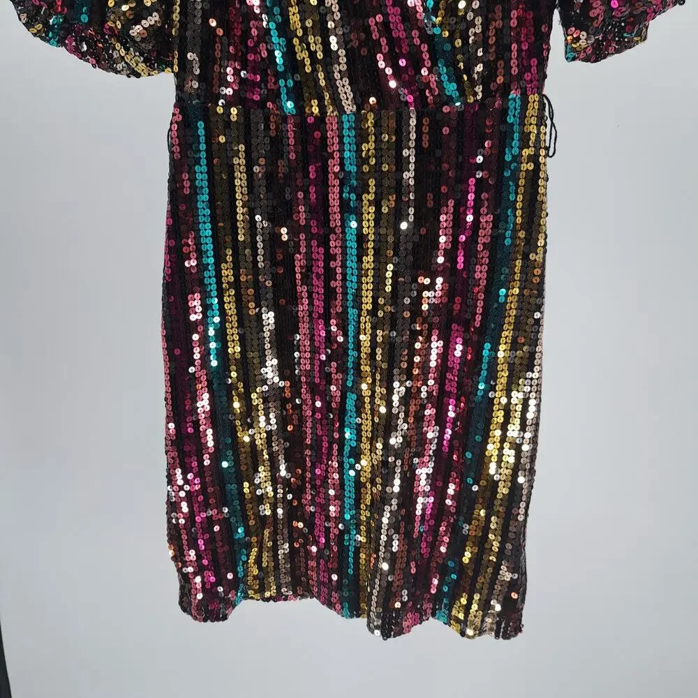 NWT New York & Company Dress S Full Sequin Surplice Flutter Sleeve Party Rainbow